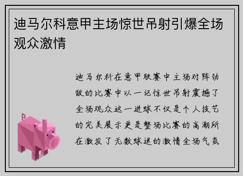 迪马尔科意甲主场惊世吊射引爆全场观众激情